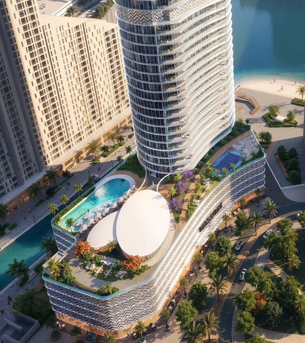 Aerial view of Waterfront by Missoni tower and podium on Al Reem Island